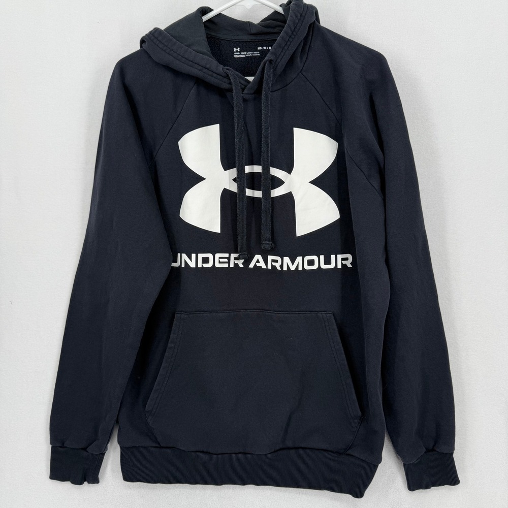 Under Armour Mens Rival‎ Fleece Hoodie Black White Logo 1357093-001 Medium